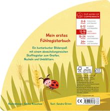 "Mein erstes Fühlregisterbuch. Ein kunterbunter Bilderspaß. Illustration: Sabine Kraushaar, Text: Sandra Grimm." Eine Illustration zeigt ein fröhliches Marienkäferchen auf einem Grashalm in einer Wiese.