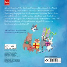 Text: Klingelingeling! Der Weihnachtsmann fährt durch den Wald. Er hat es eilig, denn er muss noch alle Geschenke verteilen. Unterwegs begegnet ihm der Schneehaase, dann der Dachs, dann das Eichhörnchen – sie alle wollen mitfahren und ihm helfen. Aber es ist doch gar kein Platz mehr auf dem Schlitten! Oder doch? Und was macht der Weihnachtsmann eigentlich, wenn die Geschenke alle verteilt sind?

Darunter eine Illustration von fröhlichen Tieren, die Geschenke tragen.