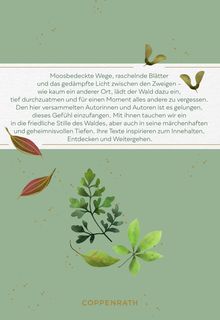Der Text beschreibt die Ruhe des Waldes und die Inspiration durch Autoren. Hintergrund mit Blättern und dem Wort "COPPENRATH".