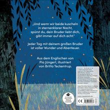 „Und wenn wir beide kuscheln... voller Wunder und Abenteuer.“ Illustration von Blättern und Gräsern in einem nächtlichen Wald.
