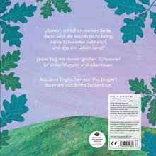 Text über geschwisterliche Liebe. Illustration mit grünem Laub vor lila Hintergrund und Hügeln.