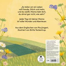 „So teilen wir ein Leben voll Freude, Glück und mehr...“ Illustration mit bunten Blumen und einer grünen Wiese im Hintergrund.