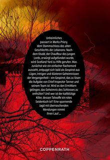 Unheimliches passiert in Marks Priory. Mord, Geheimnisse, ein rotes Seidentuch. Coppenrath. Schwarze Bäume vor rotem Himmel.