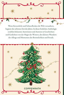Text über Winterzauber und Freude. Darunter ein geschmückter Weihnachtsbaum mit goldenen Sternen und roten Schleifen.