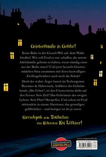 "Geisterfamilie in Gefahr! Keine Ruhe in der Grusel-WG... Gruselspaß zum Totlachen von Kultautor Kai Lüftner." 

Schattenhafte Häuserfront mit beleuchteten Fenstern im Vordergrund.