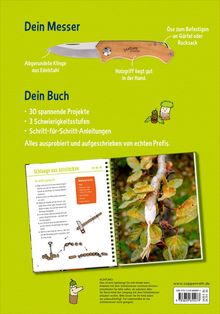 Text: "Dein Messer", "Dein Buch", "30 spannende Projekte", "Schlange aus Aststücken". Illustration zeigt Messer und Buchseite.