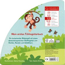 "Mein erstes Fühlregisterbuch. Ein kunterbunter Bilderspaß mit abwechslungsreichem Stoffregister." Ein Affe hängt an einem Ast, zwei Schmetterlinge fliegen.