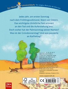 Titel: "Der kleine Himmelsbote". Text: Infos über Ostern. Illustration: Ein Hund läuft auf einem Feld mit Bäumen und einem Gebäude.
