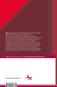 Text über literarische Studien, strukturelle Ähnlichkeiten und künstlerische Medien. Rot-braunes, geometrisches Design.