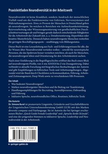 Praxisleitfaden Neurodiversität in der Arbeitswelt. Text über Neurodiversität, Stärken und Handlungsempfehlungen. Autorin: Dr. Simone Burel. ISBN 978-3-662-73389-9. Blue and yellow layout.