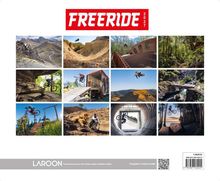 Text: "FREERIDE 2027", "LAROON", "Fotokunst für Zuhause: Auto, Fahrrad, Segeln, Architektur & Natur." Kollage von Mountainbike-Aktionen.