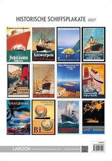 „HISTORISCHE SCHIFFSPLAKATE 2027“ steht oben. Verschiedene Plakate von Schiffslinien, darunter bekannte Namen und Reiseziele.