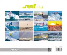 „surf 2027“ in Gelb. Mehrere Fotos von Windsurfern auf großen Wellen in verschiedenen Szenen und Umgebungen.