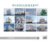 "Vorderseite: WINDJAMMER 2027. Collage von zwölf Fotos mit verschiedenen großen Segelschiffen auf offener See."