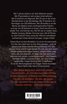 Text über den Lebensweg eines erfolgreichen Unternehmers, Motivation und Erfolg. Unten ein Barcode und Weblink.
