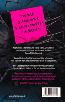 Ein leuchtend pinker Haftnotizzettel zeigt: „1 MORD, 5 FREUNDE, 5 GEHEIMNISSE, 1 MÖRDER.“ Hintergrund: gesprungene Glasscheiben.