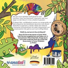 Der Zoo ist ein beliebtes Ausflugsziel für Groß und Klein. Handgezeichnet Illustration eines bunten Chamäleons auf einem Ast. Ein fröhliches Faultier hält sich an einem Ast fest. Unten malt ein Pinsel in einer bunten Farbpalette. Rechts unten „Anatal Verlag“.