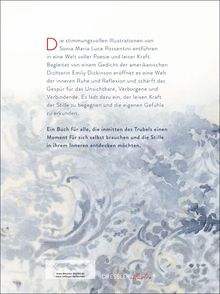 Text beschreibt stimmungsvolle Illustrationen, die zu Ruhe und Reflexion führen. Hintergrund in sanften, blauen Wellenformen.