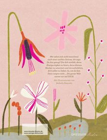 Ein Text über Selbstakzeptanz und Einzigartigkeit. Illustration mit bunten, stilisierten Blumen auf rosa Hintergrund.