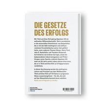 "DIE GESETZE DES ERFOLGS" in großem goldenen Text. Darunter ein ausführlicher Text über Napoleon Hill und sein Werk. Unten Logo: Deutscher Wirtschaftsverlag.