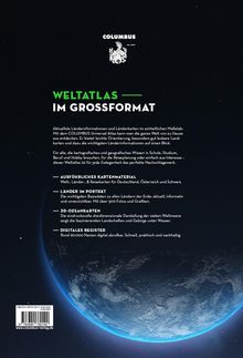 Text: "WELTATLAS IM GROSSFORMAT". Beschreibung: Eine Grafik der Erdkugel vor einem schwarzen Hintergrund. Oben ein Logo.