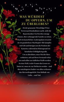 In gelber Schrift: „WAS WÜRDEST DU OPFERN, UM ZU ÜBERLEBEN?“ Rote Blumen umranden den Text auf schwarzem Hintergrund.