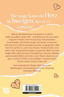 Text: "Wie lange kann ein Herz schweigen, bevor es zerbricht?" Darunter eine Buchbeschreibung und Verlags-Website. Pastellfarbener Hintergrund.