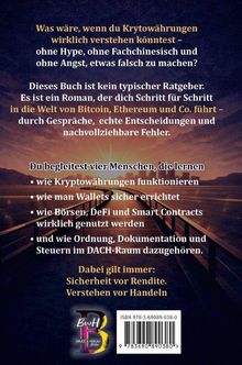 Ein Buchcover mit Text über das Verständnis von Kryptowährungen ohne Fachjargon. Fokus auf Sicherheit und Wissen.