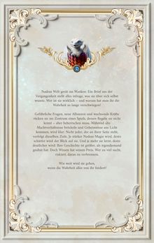 Text über Nadea mit Fragen zur Wahrheit und Allianzen. Verzierter Rahmen, oben ein kleines, niedliches Drachen-Logo.