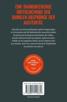 Titel in großen roten Buchstaben: "EINE BAHNBRECHENDE UNTERSUCHUNG DER DUNKLEN URSPRÜNGE DER AUSTERITÄT." Darunter ein Textblock. Unten ein rotes Siegel: "Ausgezeichnet mit dem HANSMATTHÖFERPREIS 2026."