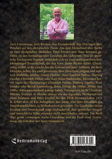 Ein Mann mit Brille und rosa Hemd steht lächelnd in einem Garten. Text beschreibt rivalisierende Sportler und ihre Freundschaft.