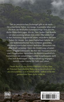 Text über unberührte Natur im peruanischen Dschungel, Schutz des Amazonas. Hintergrund: dichter Wald, nebelverhangene Berge.