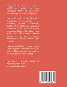 Spätgotische Handwerkskunst erscheint in alten Enns-Quellen. Buch behandelt Handwerker und historische Funde, Autor ist Anwalt.