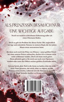 Ein Text beschreibt die Herausforderungen einer Prinzessin, die vor ihrem 18. Geburtstag heiraten soll. Im Hintergrund sind rote Spritzer auf einem eisigen, kristallartigen Muster. Unten ist ein Barcode.