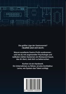 Text über Gastrobranche und Psychologie. Hintergrund: Blaupausen einer Restaurantküche. Darunter Barcode.