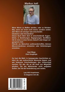 Ein Buchcover mit Text über Kommunikation, Verständnis, Konflikte. Titel: "Markus Joél". Foto eines Mannes mit Brille. Preisangabe: 14,99 €.