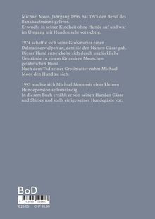 Text beschreibt Michael Moos' Geschichte mit Hunden, beginnend 1974, und seine Hundepension ab 1993. Preisangaben unten.