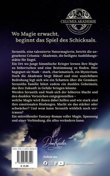 "Wo Magie erwacht, beginnt das Spiel des Schicksals." Logo der Celumia Akademie mit Federsymbol und Kontaktinfos. Hintergrund: Sternenhimmel.
