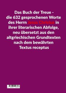 Text beschreibt eine neue Übersetzung der Worte Jesu aus dem Griechischen, mit rotem Text für "Jesus Christus". Lilaner Hintergrund.