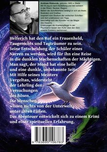 Texte beschreiben einen mystischen Roman über einen Lehrling, der gegen das Böse kämpft. Ein weißer Vogel fliegt im Hintergrund.