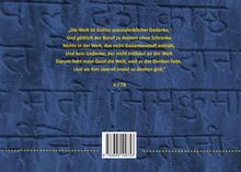 Text: „Die Welt ist Gottes unausdenklicher Gedanke...“ Gelber Text auf blauem Hintergrund mit antiken Schriftzeichen.