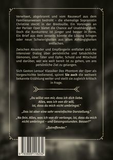 Texte beschreiben das Dilemma einer Sopranistin, inspiriert von „Das Phantom der Oper“. Enthält einen Dialog über Liebe und Abhängigkeit. Hintergrund ornamental, Barcode unten.