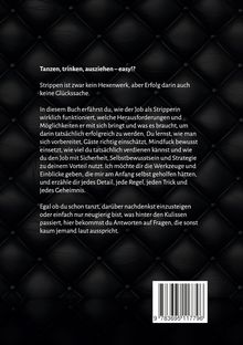 Ein schwarz gepolstertes Hintergrundmuster mit Text: Informationen über den Job als Stripperin und Geheimnisse des Erfolgs. Barcode unten.