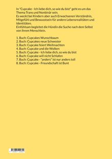 Gelber Hintergrund mit Text über das Buch "Cupcake - Ich liebe dich, so wie du bist" und einer Liste von 8 Buchtiteln.