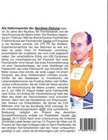 Als Hafenreporter der Nordsee-Zeitung: Erfahrungsbericht über Fischerei und Meeresverschmutzung. Rechts ein Mann in einem orangefarbenen Hemd.