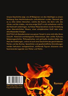 Text zur Geschichte von Religionen und Macht, Vorstellung und Erhaltung des Guten und der Liebe. Unten: orange Flammen.
