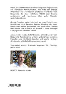 Text über MeshCore und Meshtastic, erklärt drahtlose Kommunikation. Am unteren Rand ist ein Barcode und ein Porträt.