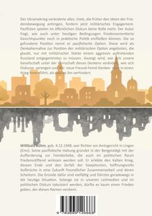 Text diskutiert den Ukrainekrieg und pazifistische Optionen im Vergleich zu militärischen Ansätzen. Illustration einer Stadtsilhouette.