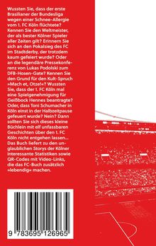 Texte über 1. FC Köln Anekdoten, rote Farbgestaltung, ISBN Barcode unten, Stadiongrafik rechts.