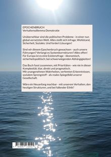 Text oben: "EPOCHENBRUCH Verhaltensdilemma Demokratie..." Unten ist Wasser mit Sonnenspiegelung sichtbar.